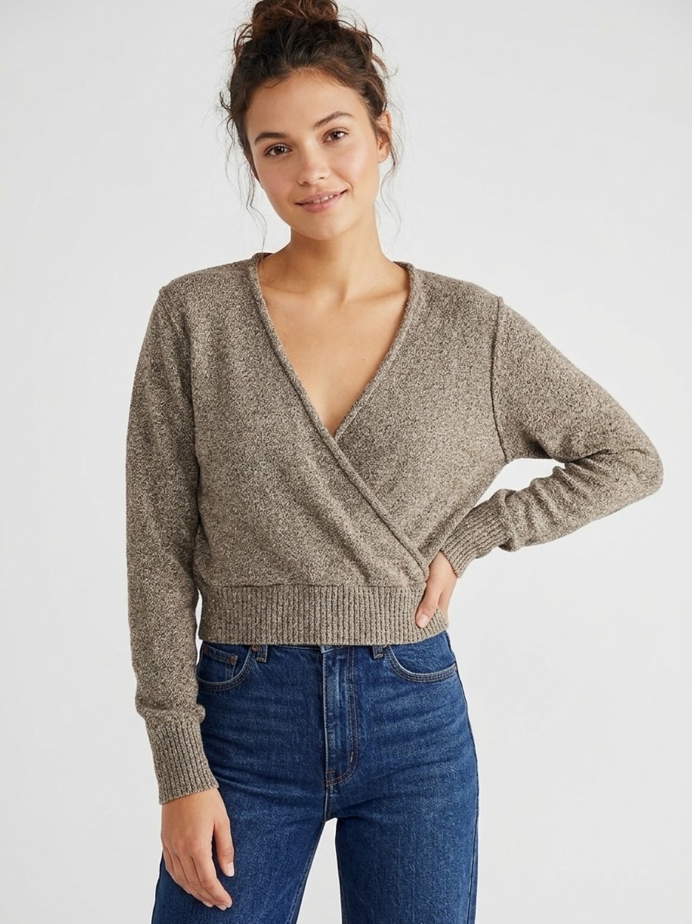 Free People Going for Gold Metallic Women's XL Brown V-Neck Wrap Sweater